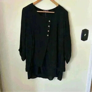 Rachel Coal Black Asymmetrical Button Blouse Size M